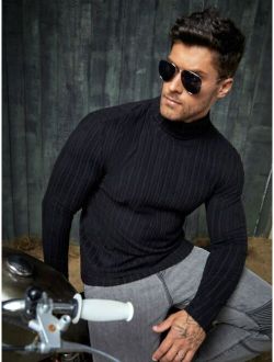 Men High Neck Ribbed Knit Tee