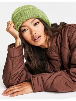 Selected Femme brushed wool knit ribbed beanie hat in green