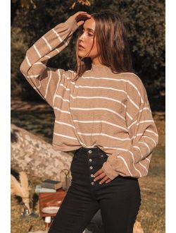 Cruising for Cozy Tan Striped Knit Balloon Sleeve Sweater
