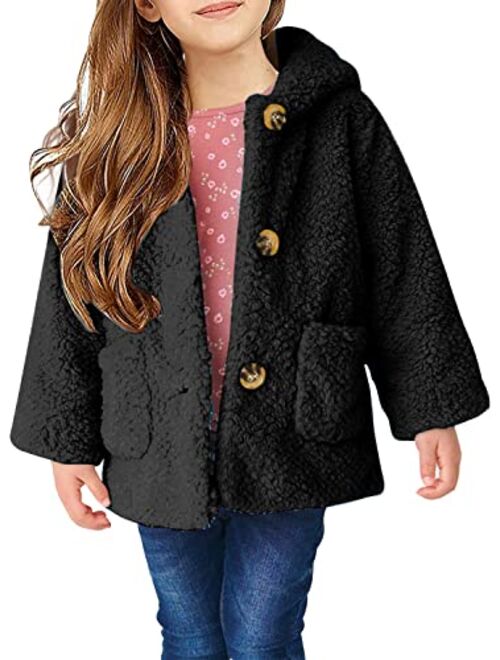 Auburet Girls Fleece Jacket Kids Winter Warm Button Coats Long Sleeve Hooded Windproof Outerwear with Pockets 5-14 Years