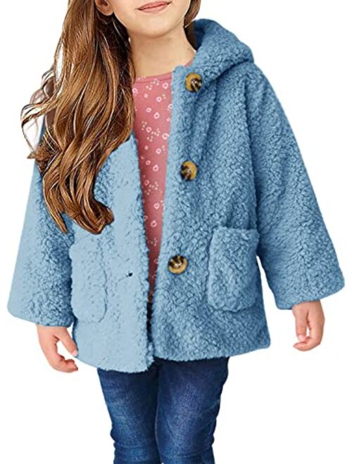 Auburet Girls Fleece Jacket Kids Winter Warm Button Coats Long Sleeve Hooded Windproof Outerwear with Pockets 5-14 Years