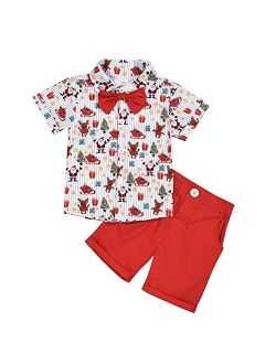Generic Toddler Baby Boy Cute Christmas Santa Print Turn Down Collar Button Bow Tie Shirts Casual Solid Shorts Summer Outfit