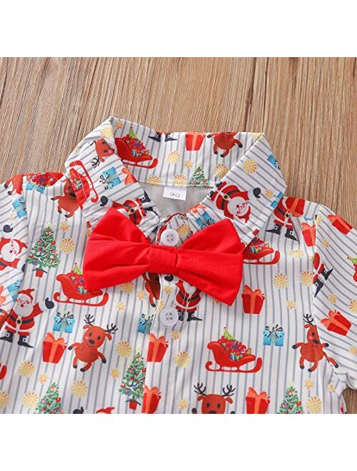Generic Toddler Baby Boy Cute Christmas Santa Print Turn Down Collar Button Bow Tie Shirts Casual Solid Shorts Summer Outfit