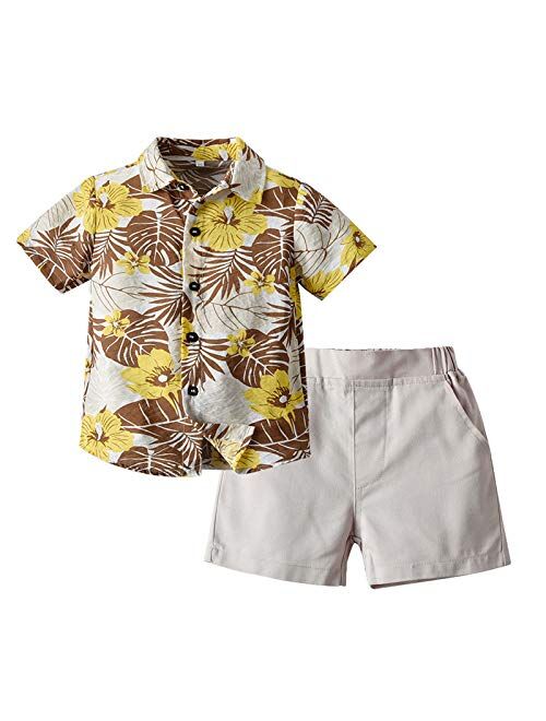 JunNeng Toddler Baby Boy Shorts Sets Hawaiian Outfit,Infant Kid Leave Floral Short Sleeve Shirt Top+shorts Suits