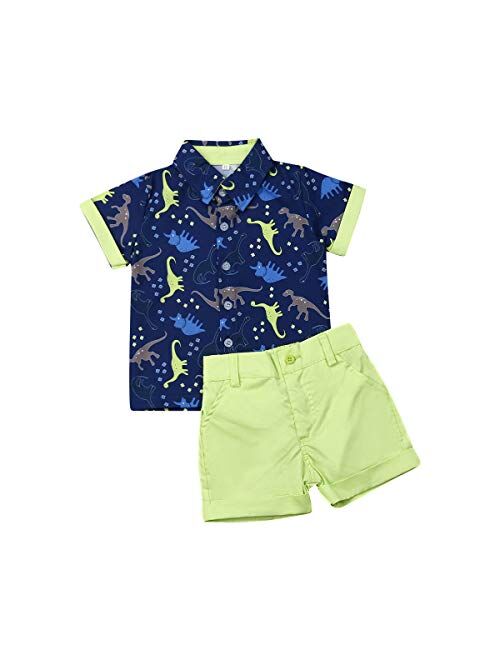 Visgogo Toddler Baby Boy Flamingo Short Sleeve Button Down Shirt & Casual Shorts Set Summer Outfits 1-6 Years Clothes