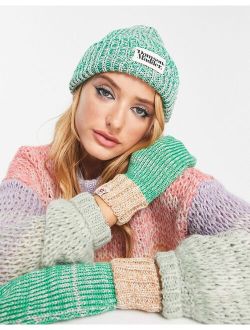 Damson Madder Exclusive beanie and mittens set in green & pink space dye