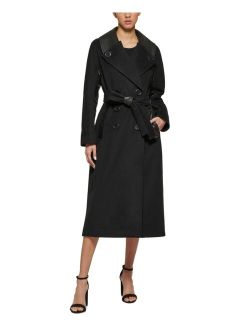 Women's Double-Breasted Faux-Leather-Trim Belted Coat