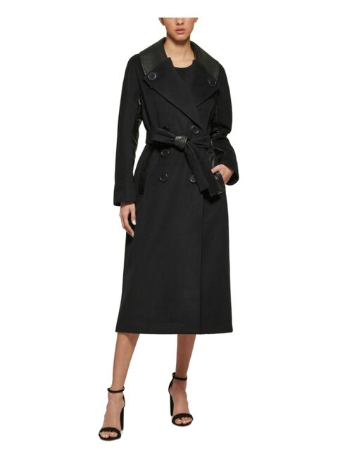 DKNY Women's Double-Breasted Faux-Leather-Trim Belted Coat