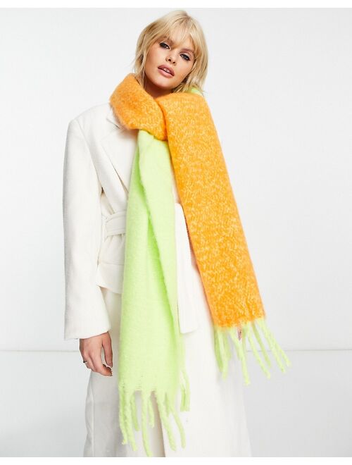 Topshop cozy color block scarf in lime and orange