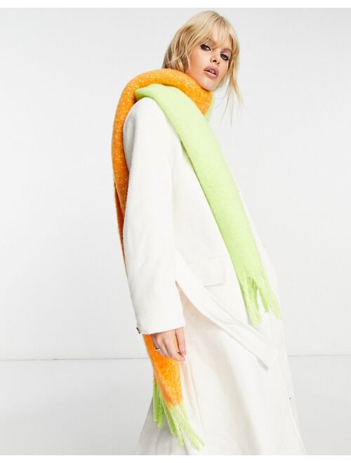 Topshop cozy color block scarf in lime and orange