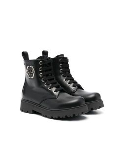Philipp Plein Junior logo-plaque leather combat boots