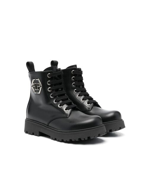 Philipp Plein Junior logo-plaque leather combat boots