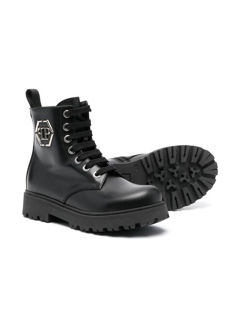 Philipp Plein Junior logo-plaque leather combat boots