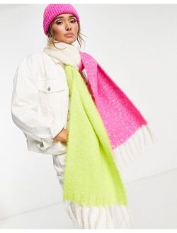 fluffy color block scarf in lime and pink