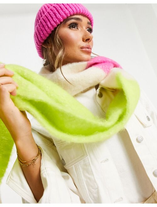 ASOS DESIGN fluffy color block scarf in lime and pink