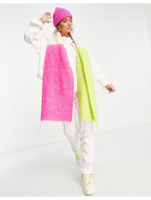 ASOS DESIGN fluffy color block scarf in lime and pink