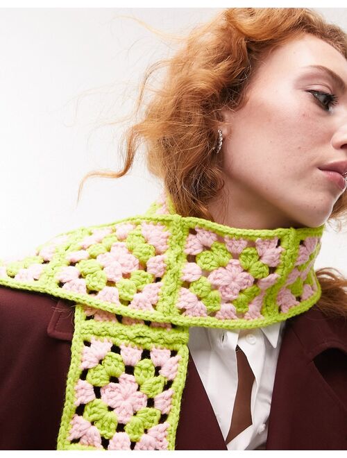 Topshop crochet skinny scarf in pink and lime