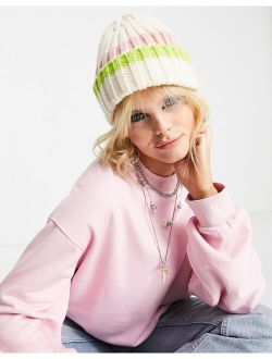 stripe ribbed beanie in off white and pink