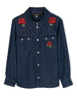 Rose-embroidered denim shirt