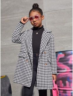 Girls Houndstooth Flap Detail Belted Overcoat