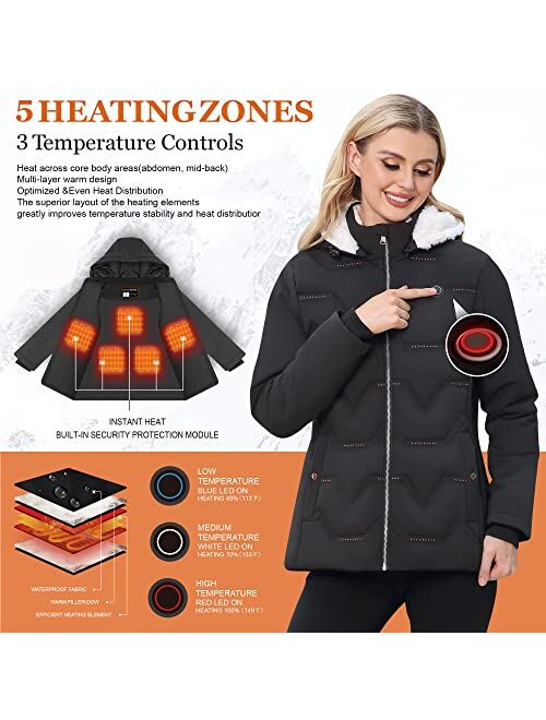 Sukeer Women's Heated Jacket, Heated Coat with Battery Pack and Detachable Hood