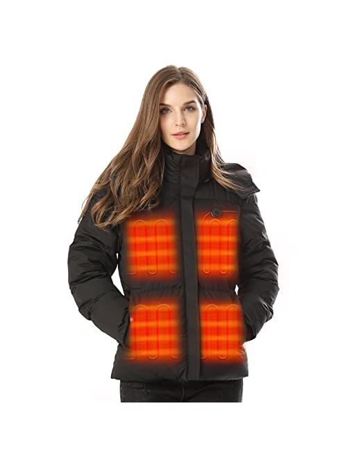 Venustas Down Heated Jacket for Women with 7.4V Battery Pack, 5 Heating Zones, Women's Heated Coat with Detachable Hood