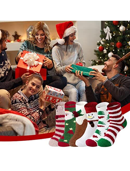 JOYOOFANR Womens Christmas Fuzzy Socks: 6 Pairs Cute Coral Fleece Winter Warm Cozy Slipper Socks Casual Soft Fluffy Socks Holiday Xmas Socks Gifts for Women Girls