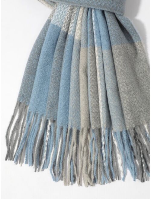 Men Plaid Pattern Fringe Trim Scarf