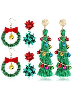 NVENF Christmas Earrings for Women Xmas Bow Wreath Earrings Long Tassel Christmas Tree Earrings Festive Gifts for Girls Holiday Accessory