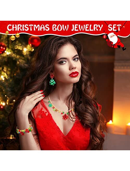 Cunno 3 Pieces Christmas Jewelry Set Christmas Necklaces Earrings Bracelet for Women Holiday Christmas Costume Jewelry Jingle Bells Bow Pendant Necklace Gifts for Women G