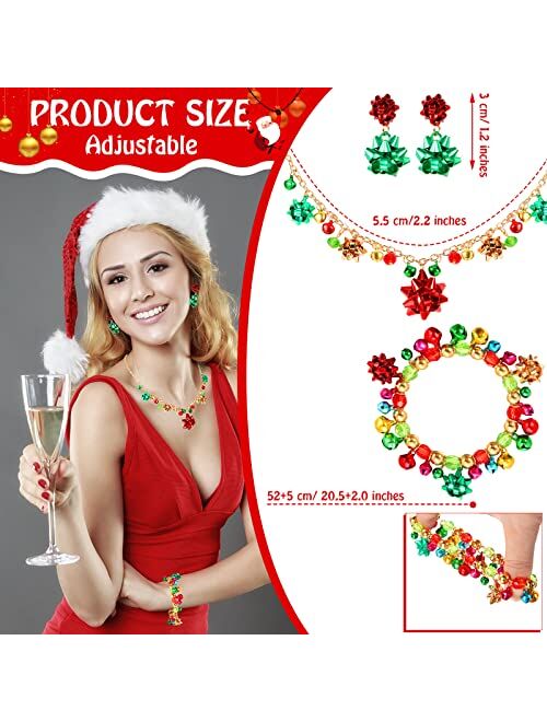 Cunno 3 Pieces Christmas Jewelry Set Christmas Necklaces Earrings Bracelet for Women Holiday Christmas Costume Jewelry Jingle Bells Bow Pendant Necklace Gifts for Women G