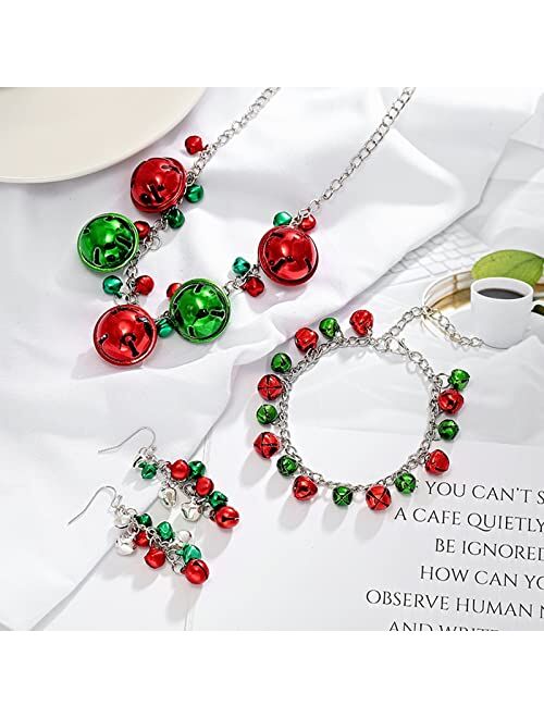 HUASAI Christmas Jingle Bell Earrings Neckalce Bracelet Set for Women Cute Red Green Tinkle Bell Earrings for Teen Girls Xmas Jewelry Set Holiday Dangle Earrings Christma
