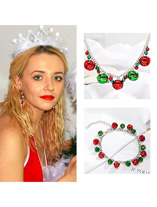 HUASAI Christmas Jingle Bell Earrings Neckalce Bracelet Set for Women Cute Red Green Tinkle Bell Earrings for Teen Girls Xmas Jewelry Set Holiday Dangle Earrings Christma