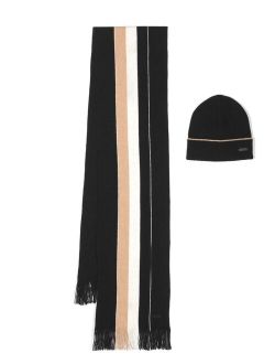 BOSS fringed vertical-stripe scarf and beanie set