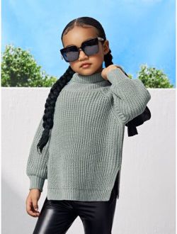 Toddler Girls Turtleneck Drop Shoulder Split Hem Sweater