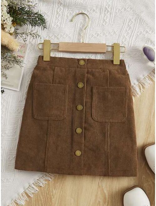 SHEIN Girls Button Front Dual Pocket Corduroy Skirt