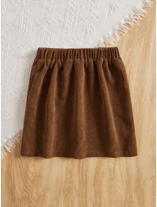 SHEIN Girls Button Front Dual Pocket Corduroy Skirt