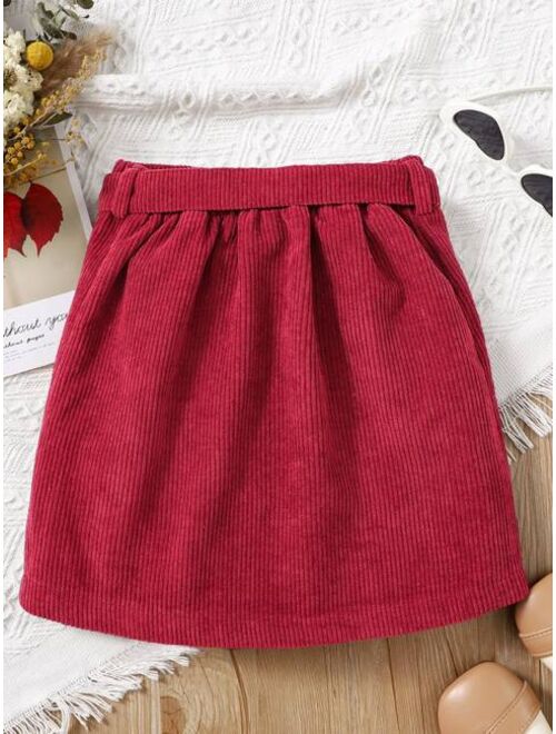 Shein Girls Heart Patched Belted Corduroy Skirt
