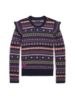 Girls Long Sleeves Ruffled Fair Isle Cotton-Blend Sweater