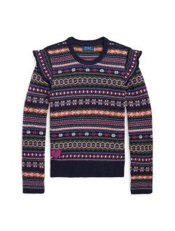 Girls Long Sleeves Ruffled Fair Isle Cotton-Blend Sweater