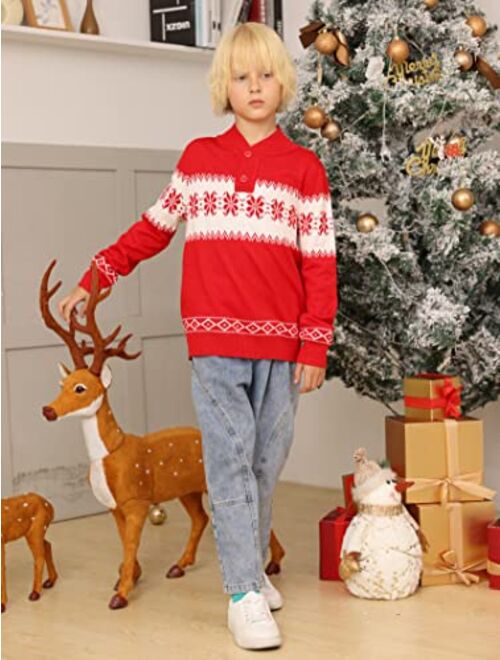Funnycokid Boys Christmas Sweaters Kids Knit Pullover Mock Neck Button Up Xmas Tops 3-10 Years