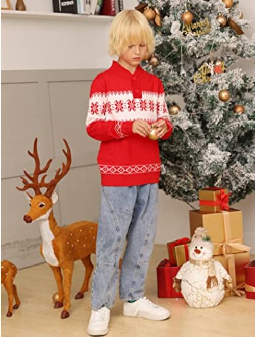 Funnycokid Boys Christmas Sweaters Kids Knit Pullover Mock Neck Button Up Xmas Tops 3-10 Years