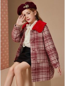 Teen Girls Plaid Contrast Fuzzy Collar Winter Coat