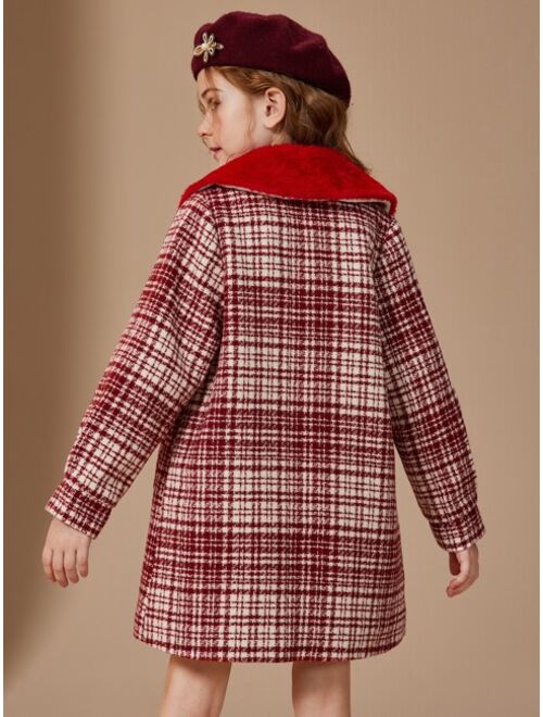 Shein Teen Girls Plaid Contrast Fuzzy Collar Winter Coat