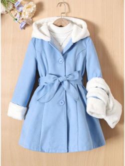 Girls Contrast Teddy Hooded Belted Overcoat With Bag