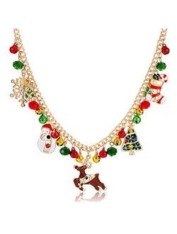 CEALXHENY Christmas Bell Necklaces X-Mas Tree Snowman Snowflake Pendant Necklaces Statement Chunky Chain Necklace for Women Girls Holiday