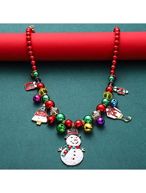 Heidkrueger Christmas Necklace Jingle Bell Beaded Ball Necklace Snowman Santa Claus Hat Christmas Tree Gift Stocking Pendant Beaded Chain Necklace Holiday Party Jewelry f