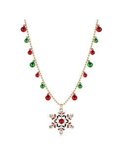 Isaloe Christmas Snowflake Necklace Holiday Rhinestone Snowflake Pendant Long Necklace Ball Chain Jingle Bell Necklaces Festive Party Gift for Women Girls