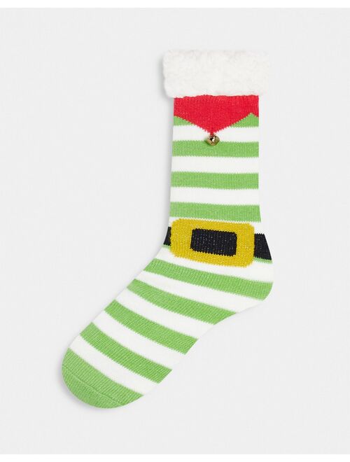 ASOS DESIGN slipper socks in green and white stripe with Christmas detail