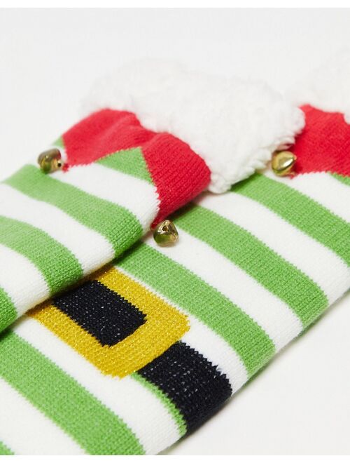 ASOS DESIGN slipper socks in green and white stripe with Christmas detail